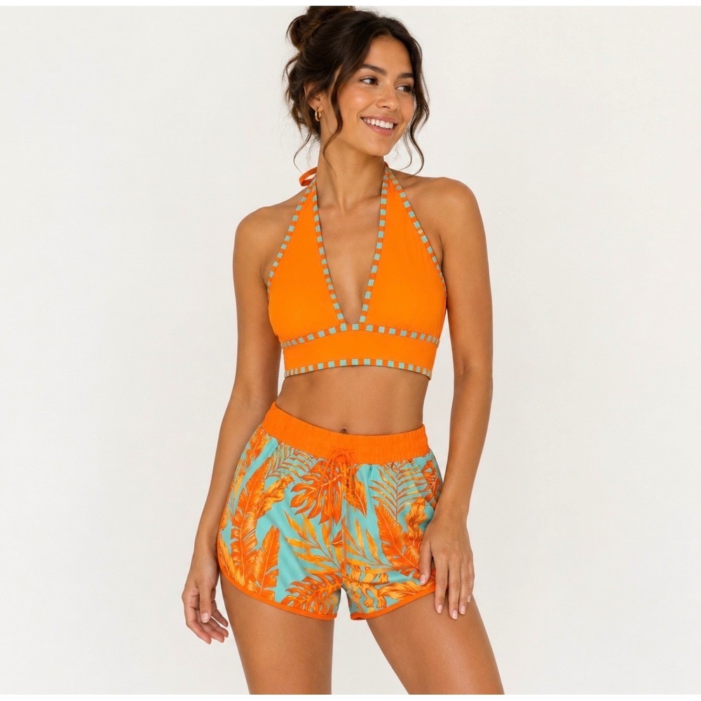 Modlily Bikini Set Womens Large Orange Tropical High Waist Criss Cross Swimsuit